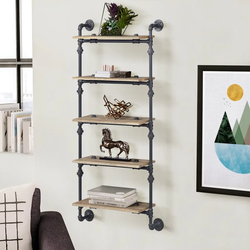Oak and Sandy Black Rectangle 5 Tier Wall Shelf Natural Black furniture max