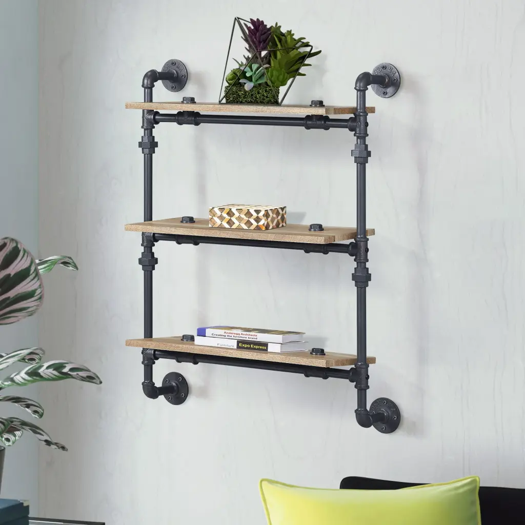 Oak and Sandy Black Rectangle 3 Tier Wall Shelf Natural Black Open furniture max