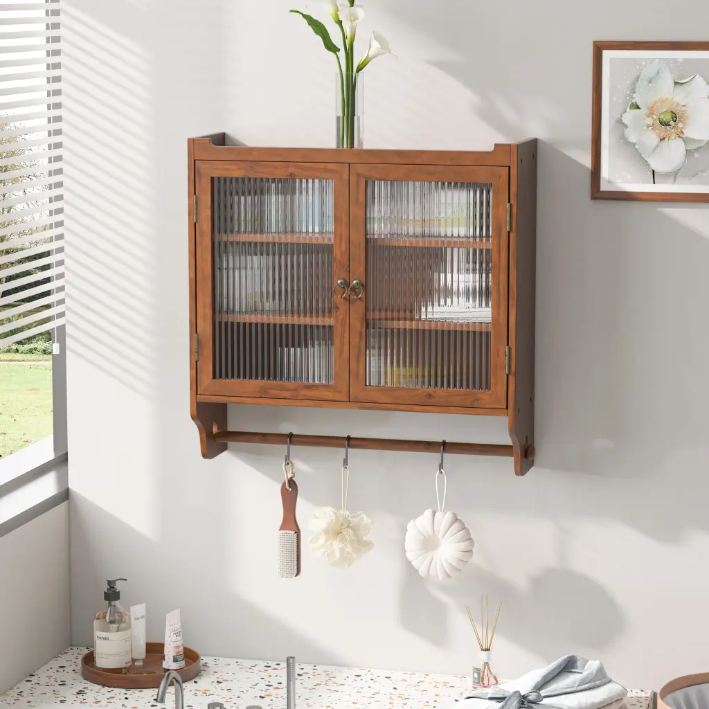 24.8 Inch Glass Door Vintage Double Door Wall Cabinet Three Tiers Shelves rnb