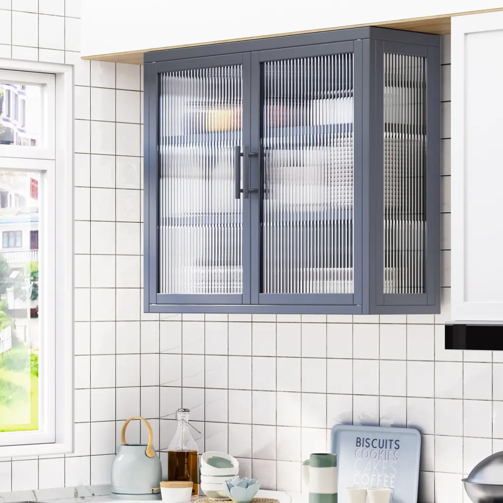 Retro Style Haze Double Glass Door Wall Cabinet Detachable Shelves rnb