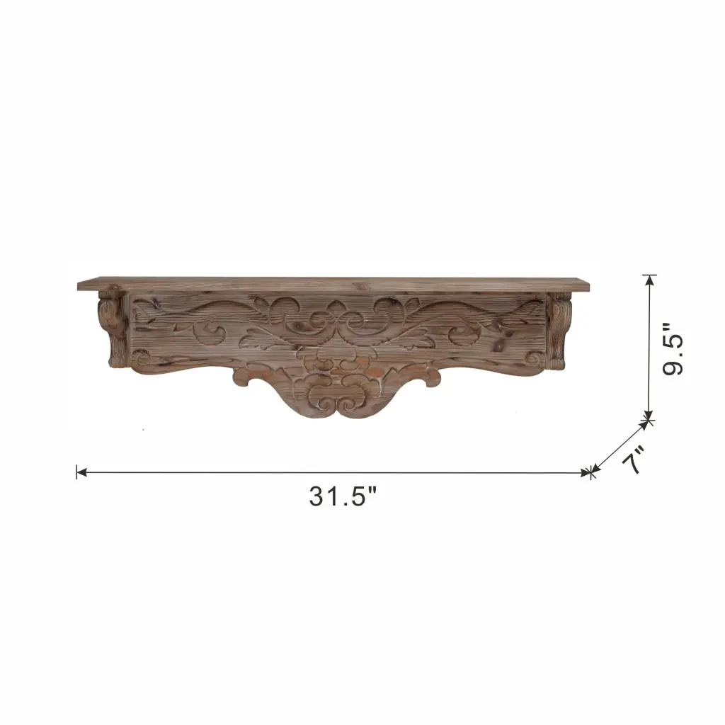 31.5X7X9.5 Inch Classic Fir Wood Floating Wall Shelf Floral Motif w2078