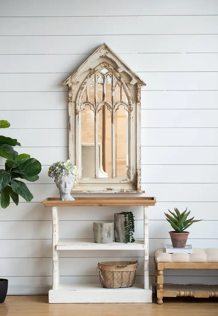 35.5 x 14 x 32 Distressed White and Natural Wood Shelf Tray French Country Style w2078