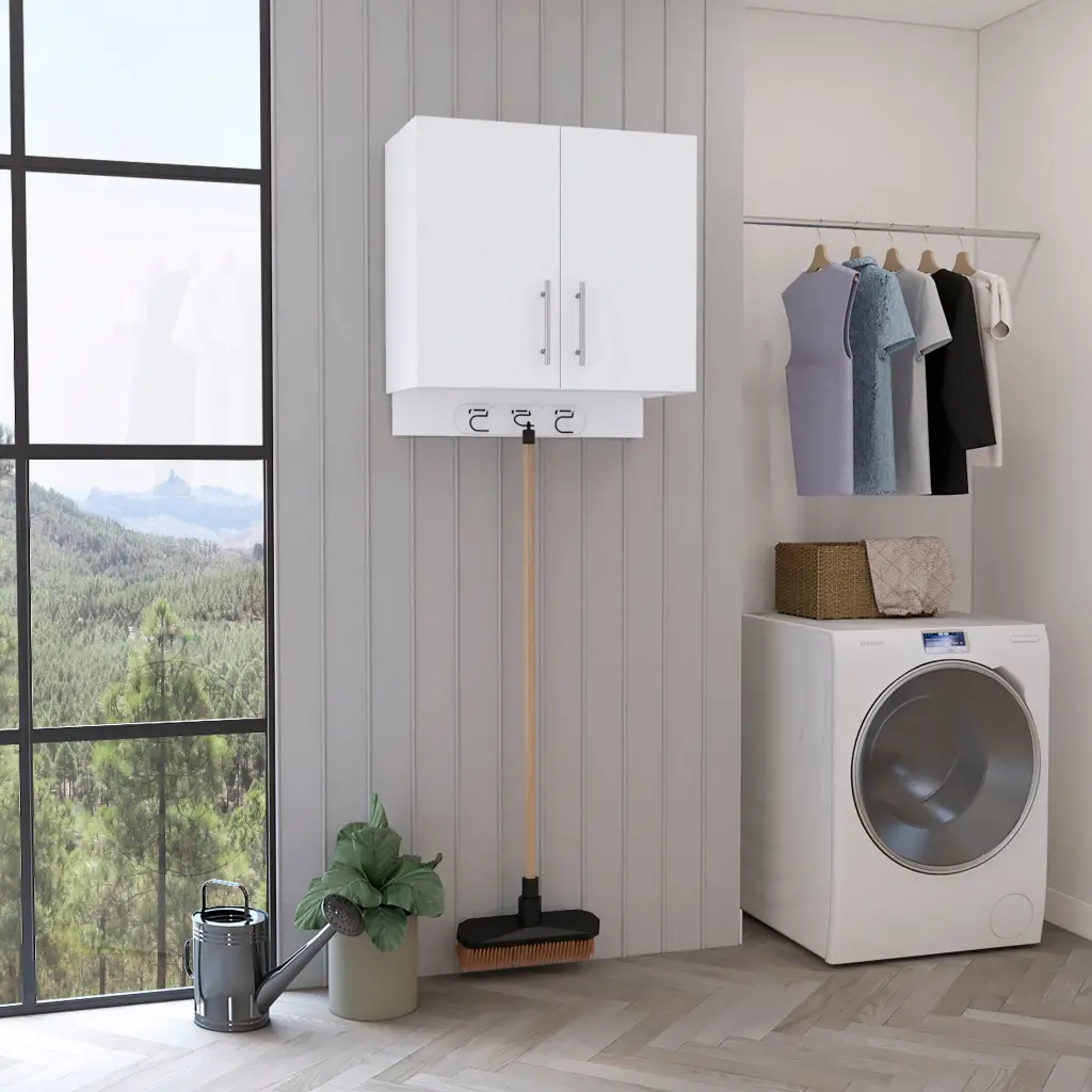 Kymo Wall Storage Cabinet 2 Doors And Broom Hangers White Quality tuhome