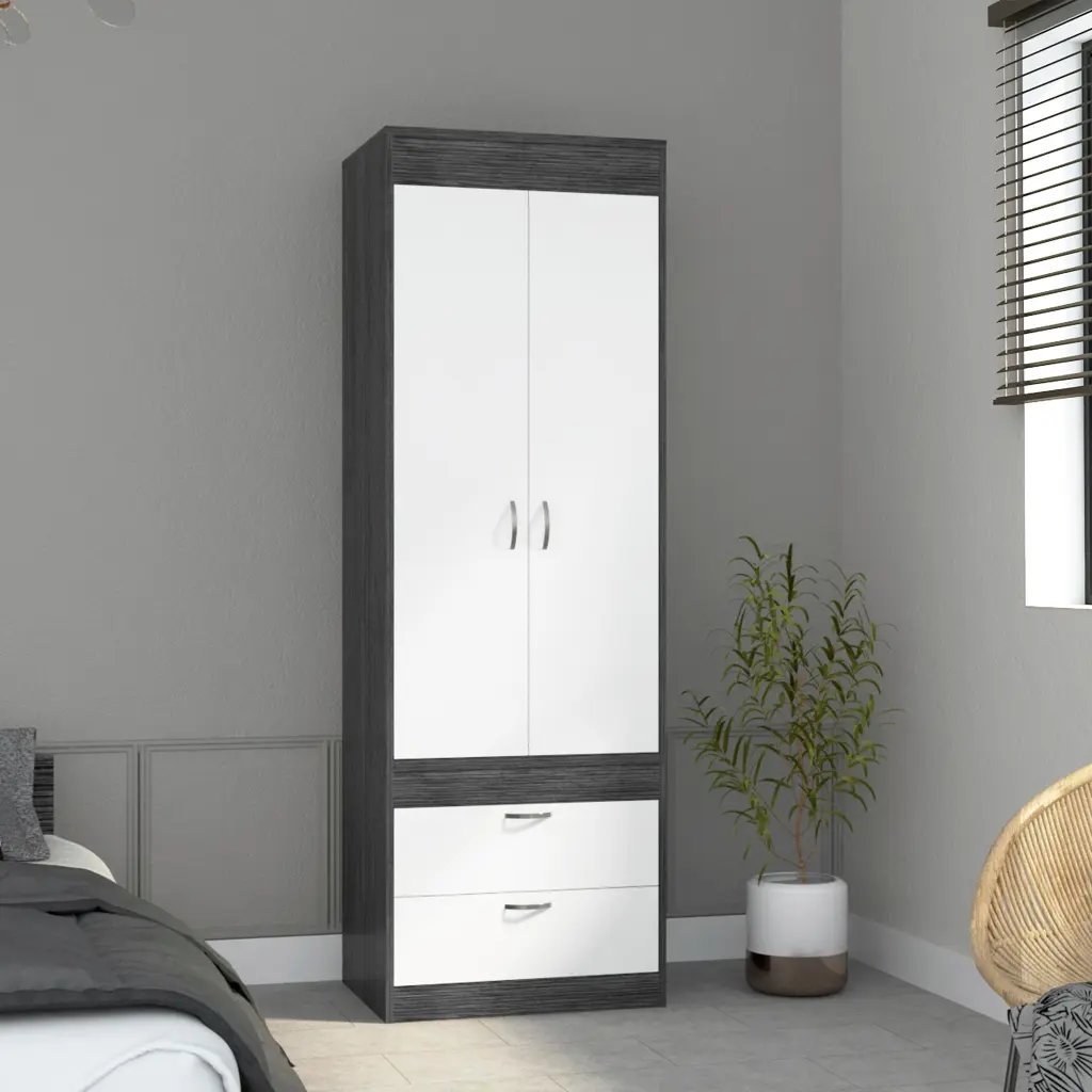 Armoire 70H" Double Door Cabinet Two Drawers Metal Handles Rod Small Wardrobe rta mubles colombia