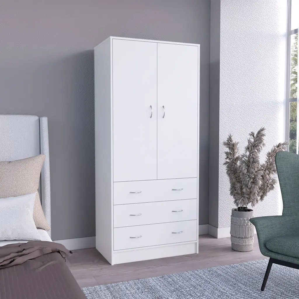 Taly Double Door Armoire, White Modern Bedroom Storage Cabinet Particle Board tuhome