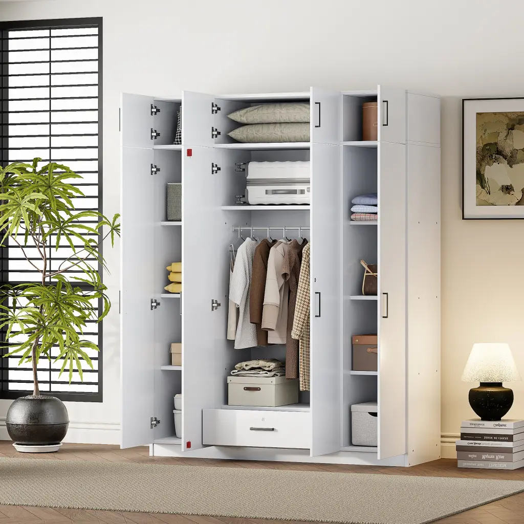 4 Door Wardrobe 1 Drawer Top Cabinet White Bedroom lucky furniture