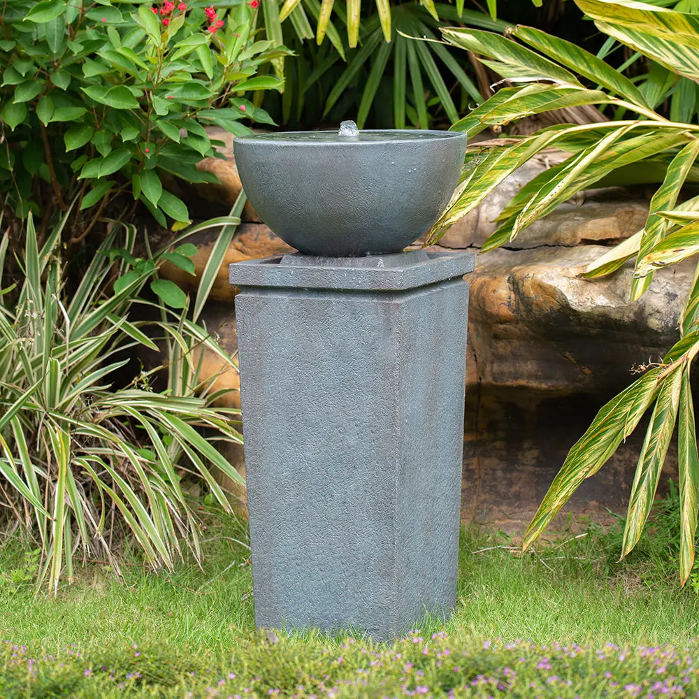 35.5 Inch Polyresin Gray Zen Bowl Water Fountain Outdoor Bird Feeder Bath w2078