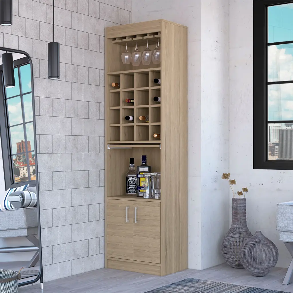 Light Pine 16 Bottle 1 Shelf Bar Cabinet Beige Particle Board Wine Storage Furniture furniture max