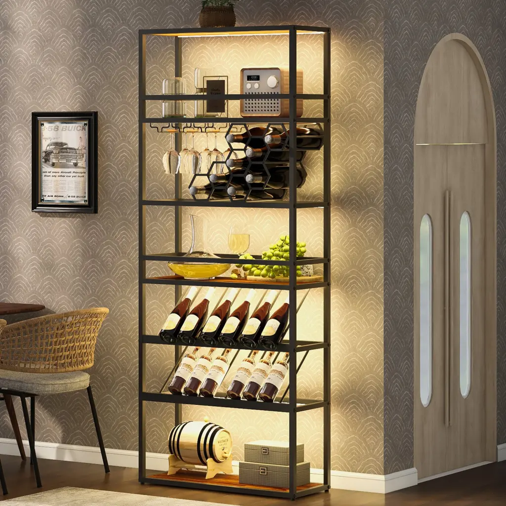 7 Tier LED Tall Wine Rack Freestanding Floor Wine Baker Rack Glass Holders memory valley