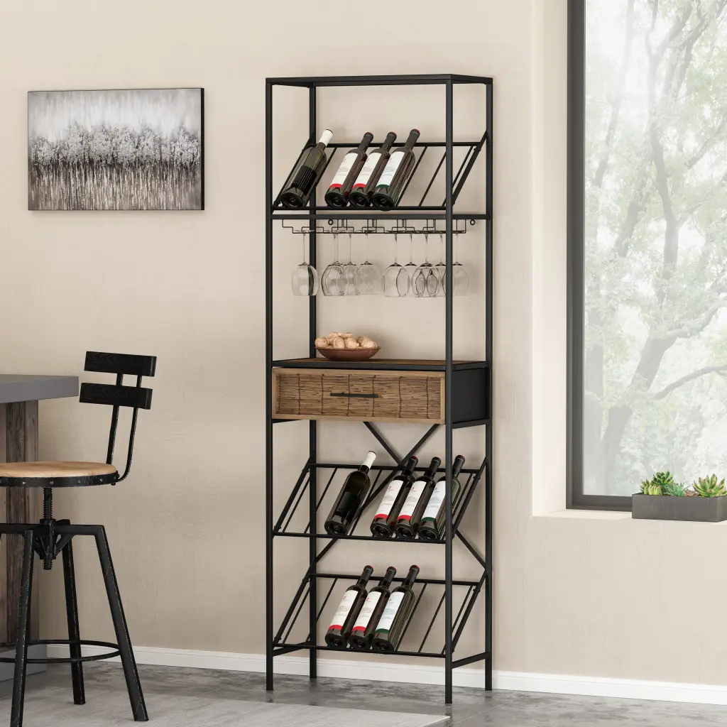 Wine Rack Black Natural MDF Metal Frame Storage Bottles nh-purenest