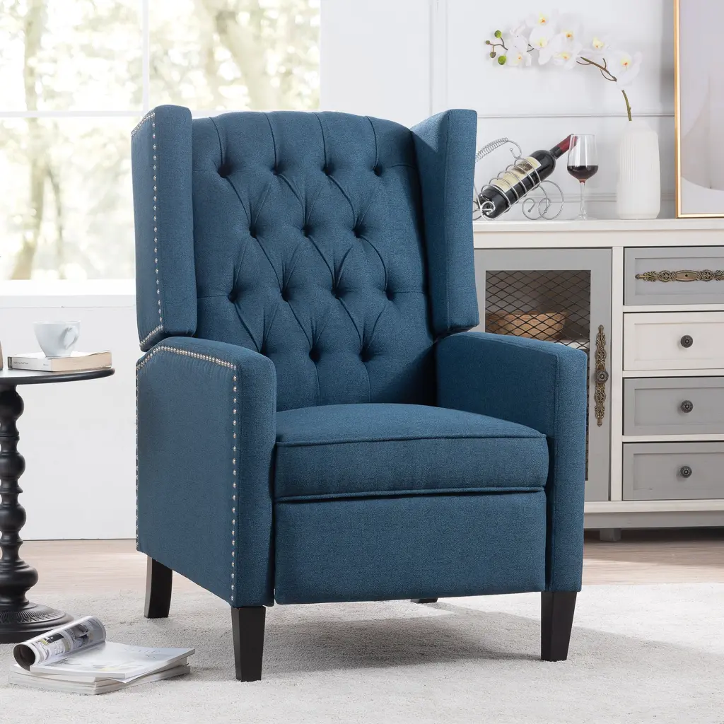 27.16 Inch Manual Wing Chair Recliner Blue Polyester Living Room Furniture rnb
