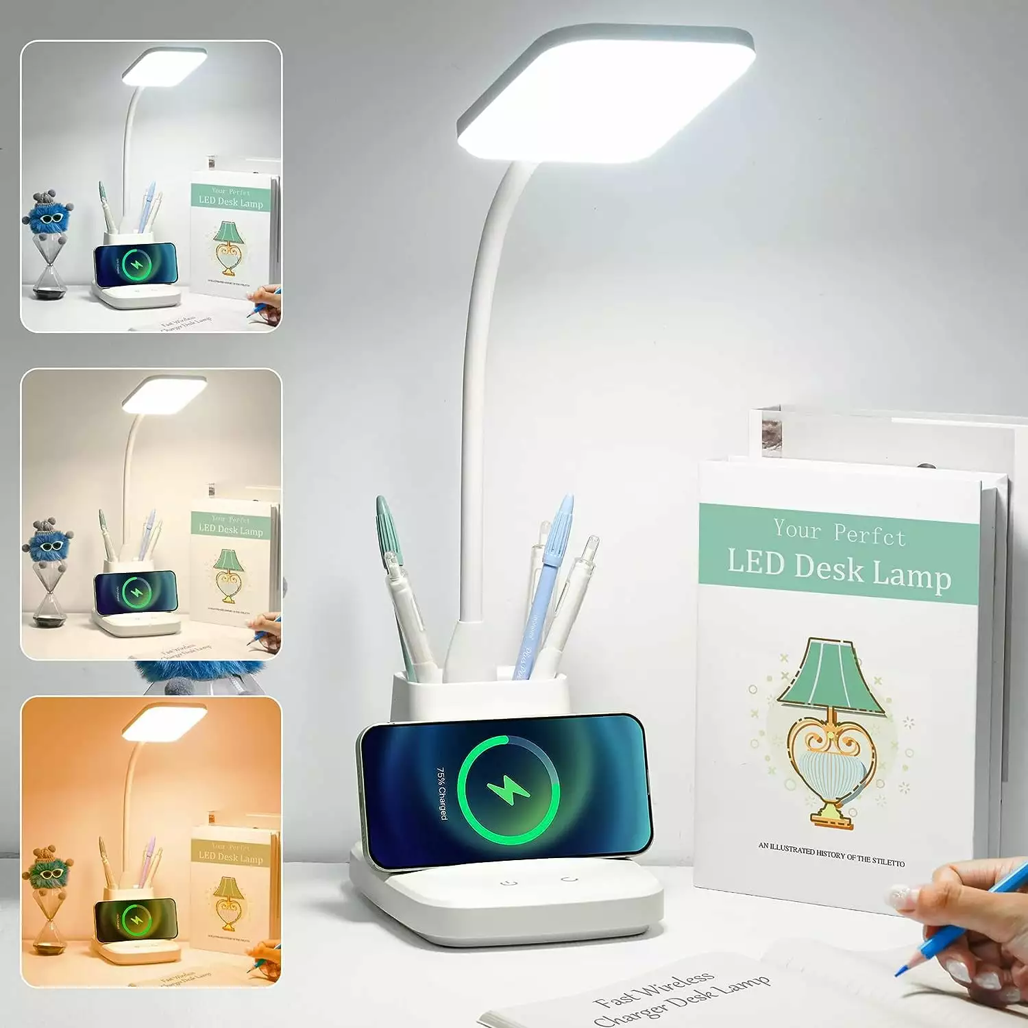 Desk Lamp Wireless Charger LED Eye-Caring CRI 85+ 3 Color Modes Stepless Dimming Touch Table Lamp