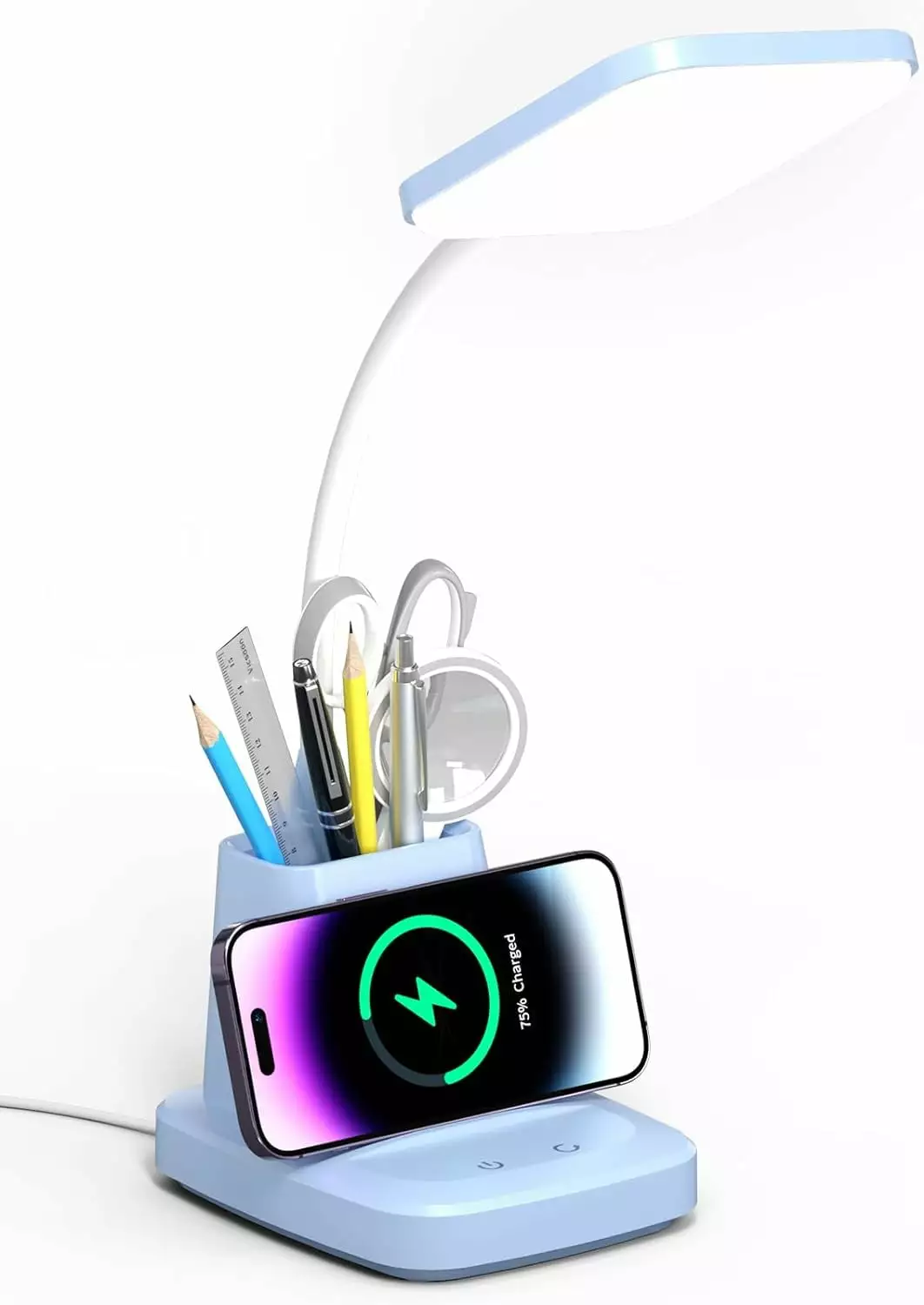 Hansang LED Desk Lamp Wireless Charger Pen Holder 3 Color Modes Dimming Blue Desk Light College Dorm