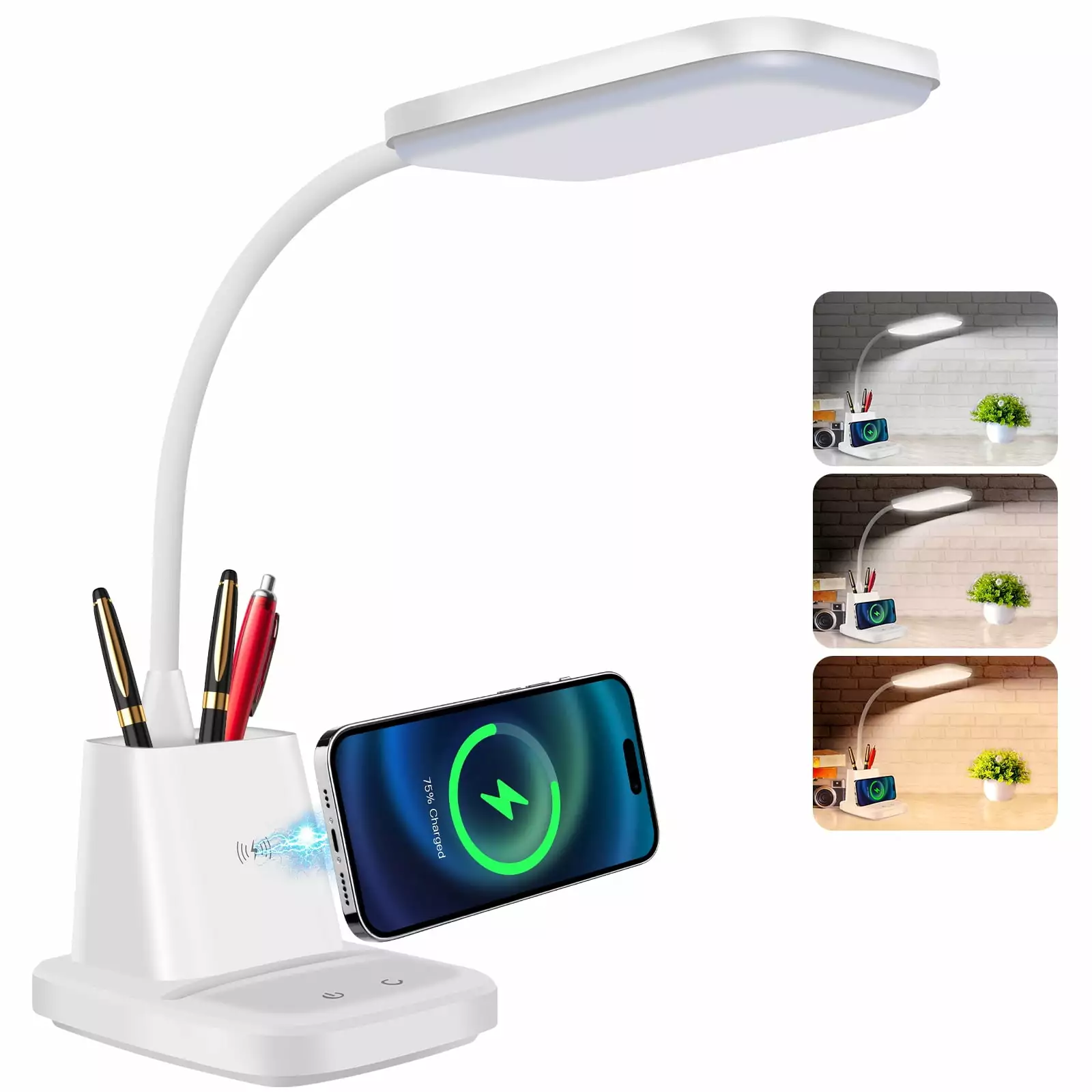Hansang LED Desk Lamp Modern Gooseneck Desk Lamp Wireless Charger White