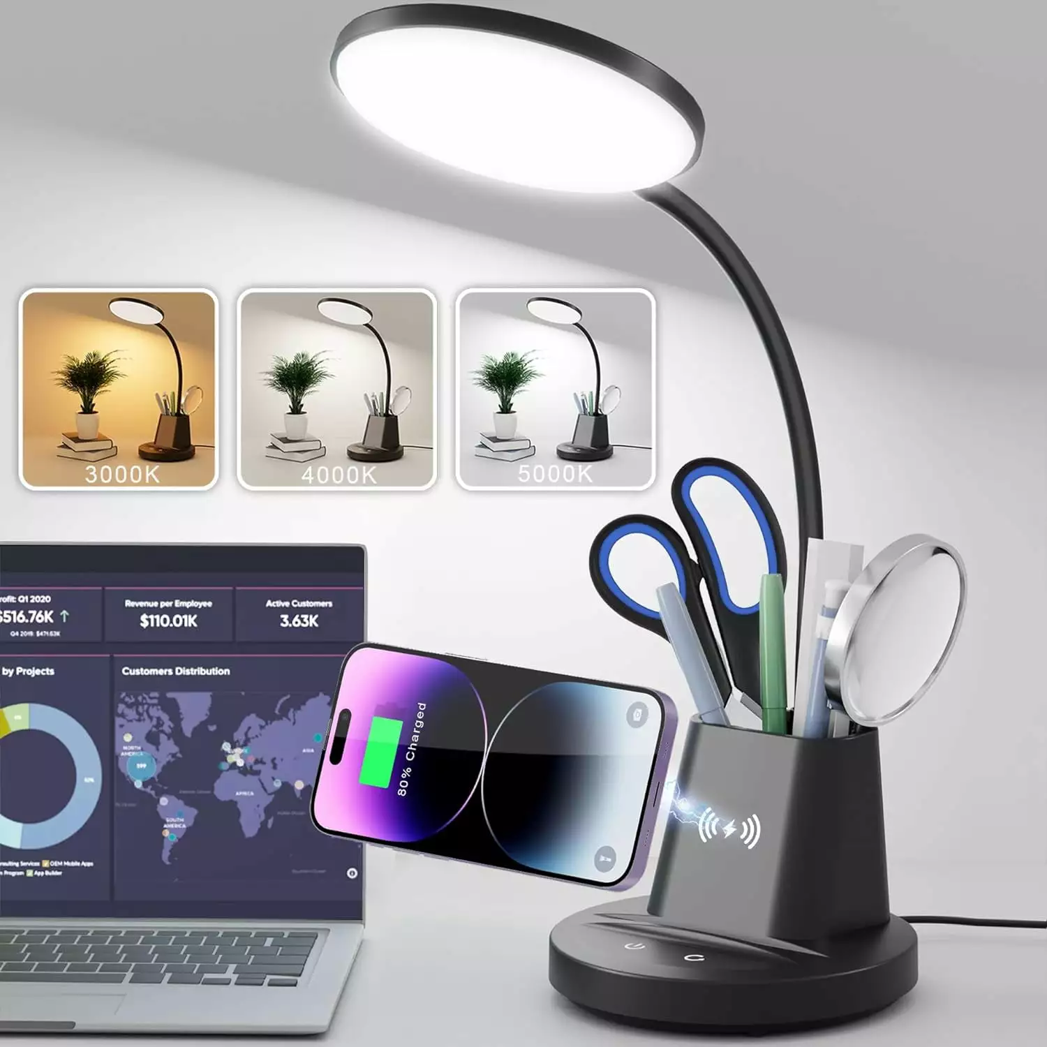 Sailstar LED Desk Lamp Wireless Charger & Pen Holder 3 Color Modes Small Modern Desk Lamp College Dorm