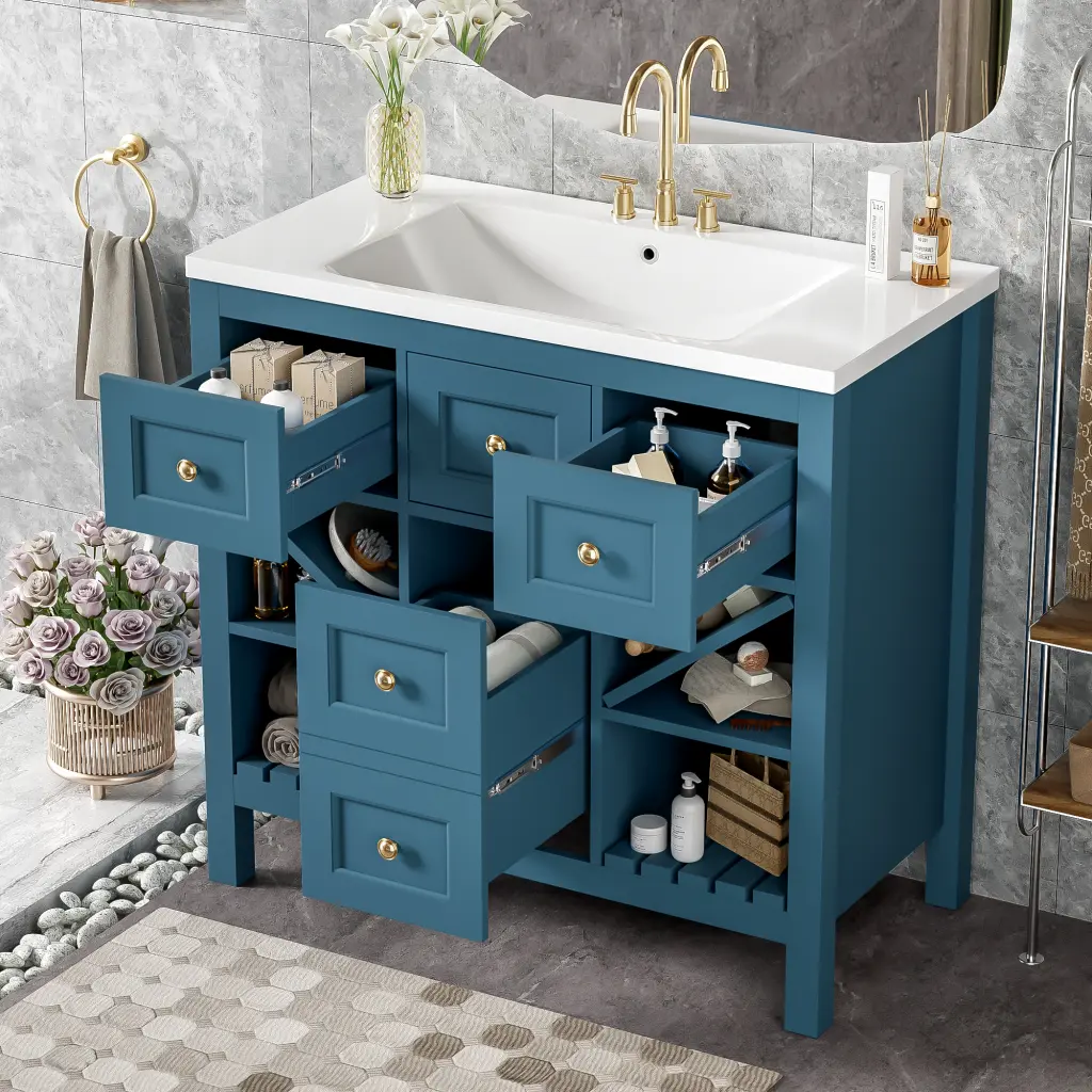 36 Inch Bathroom Vanity Resin Sink Combo Solid Wood Frame Modern Bathroom Storage mrs