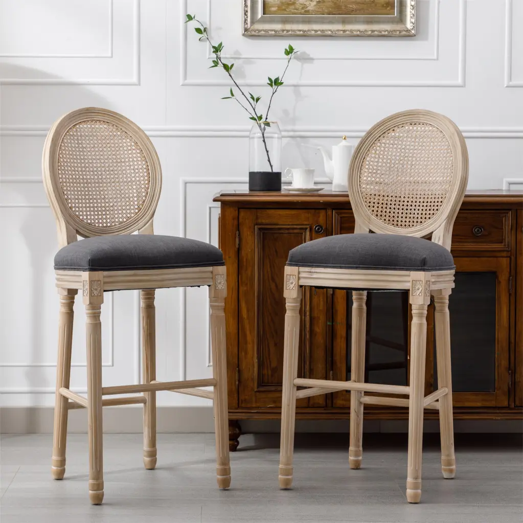 French Country Wooden Barstools Rattan Back and Upholstered Seating, Rustic Style yijian furniture co.- ltd