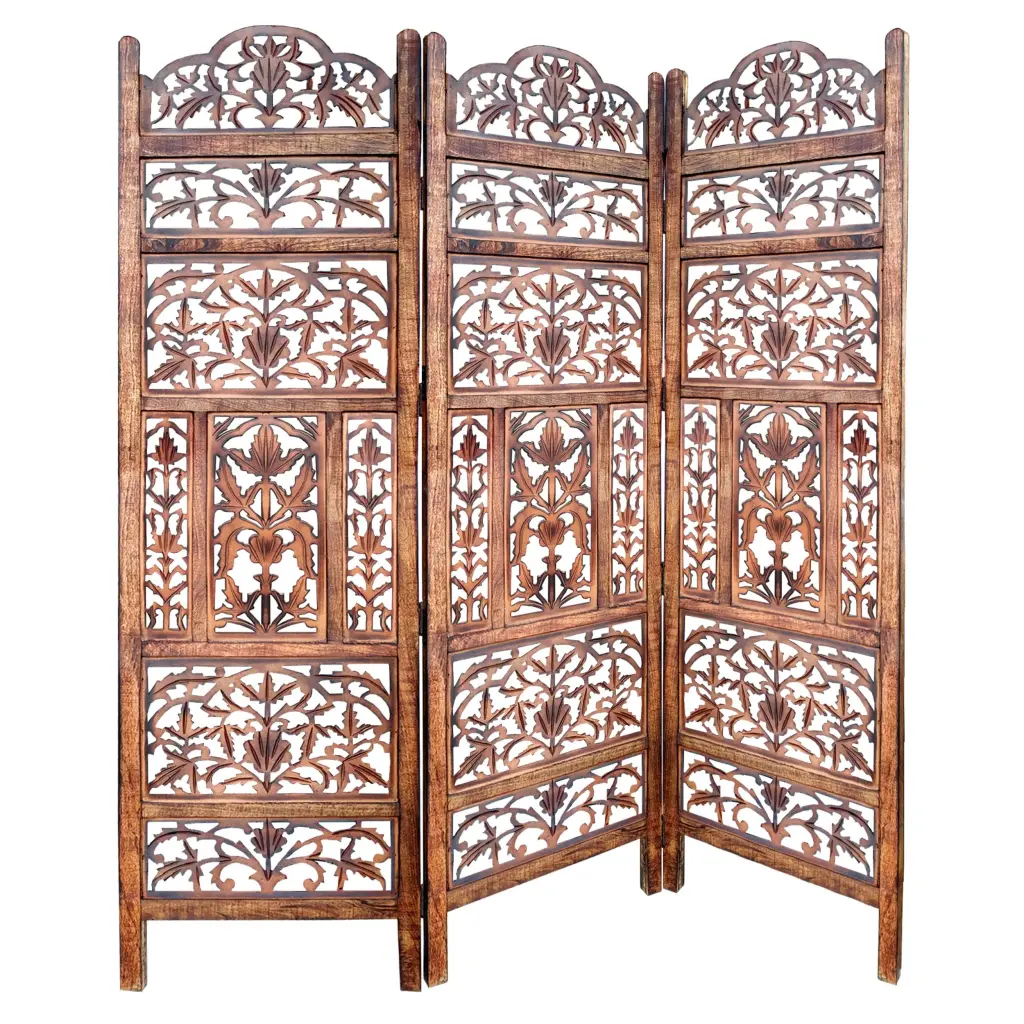 Artisan-Made 3 Panel Mango Wood Screen Cutout Filigree Carvings royal hampton