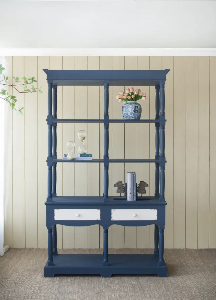 51X19.5X81.5 Inch Blue Four Tiered Wooden Shelf Two Drawers Farmhouse Style w2078