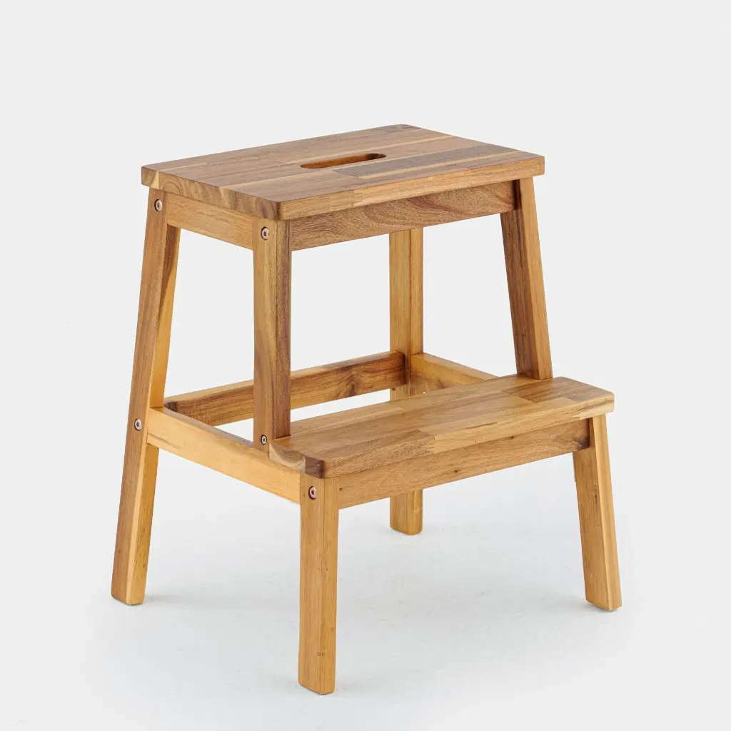 Acacia Wood Two Steps Stool Small Size Rectangle Light Brown Step Stool beefurni