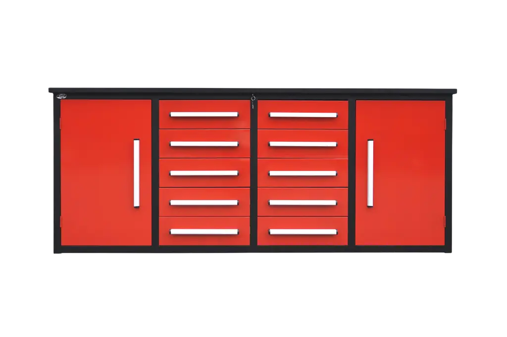 7 Foot Storage Cabinet Workbench 10 Drawers and 2 Cabinets Red Steel chery industrial inc