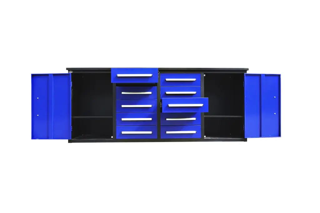 7 Foot Storage Cabinets Workbench 10 Drawers & 2 Cabinets Blue Steel chery industrial inc