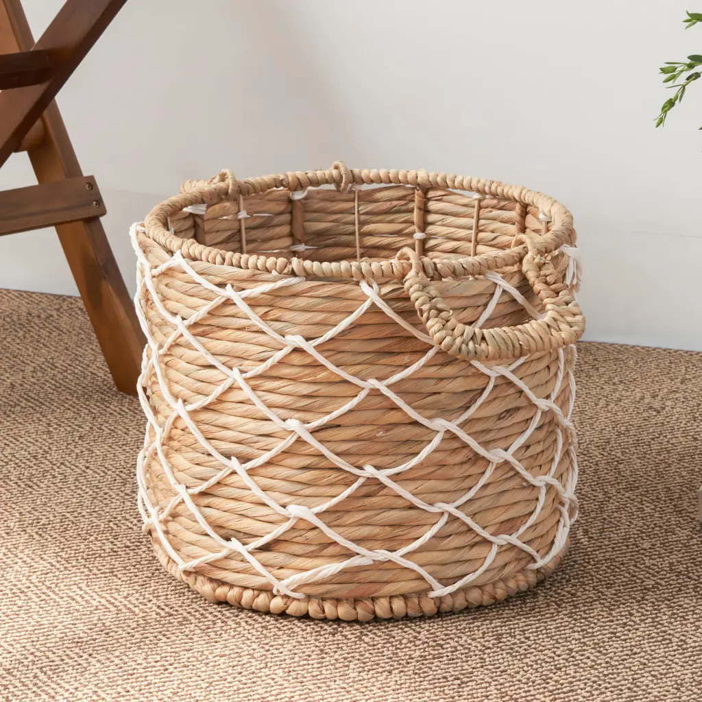 Round Water Hyacinth Woven Bin Handles 18 X 18 X 15 Natural Storage Basket sol