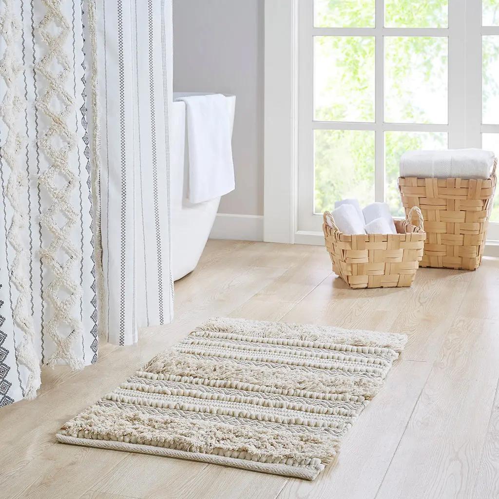 Woven Texture Stripe Bath Rug Natural Polyester jla