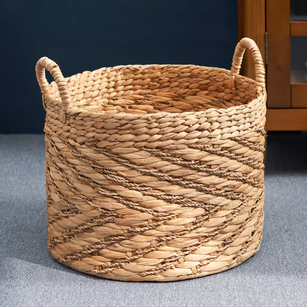Round Water Hyacinth Seagrass Woven Bin Handles 15x15x15 Inches sol