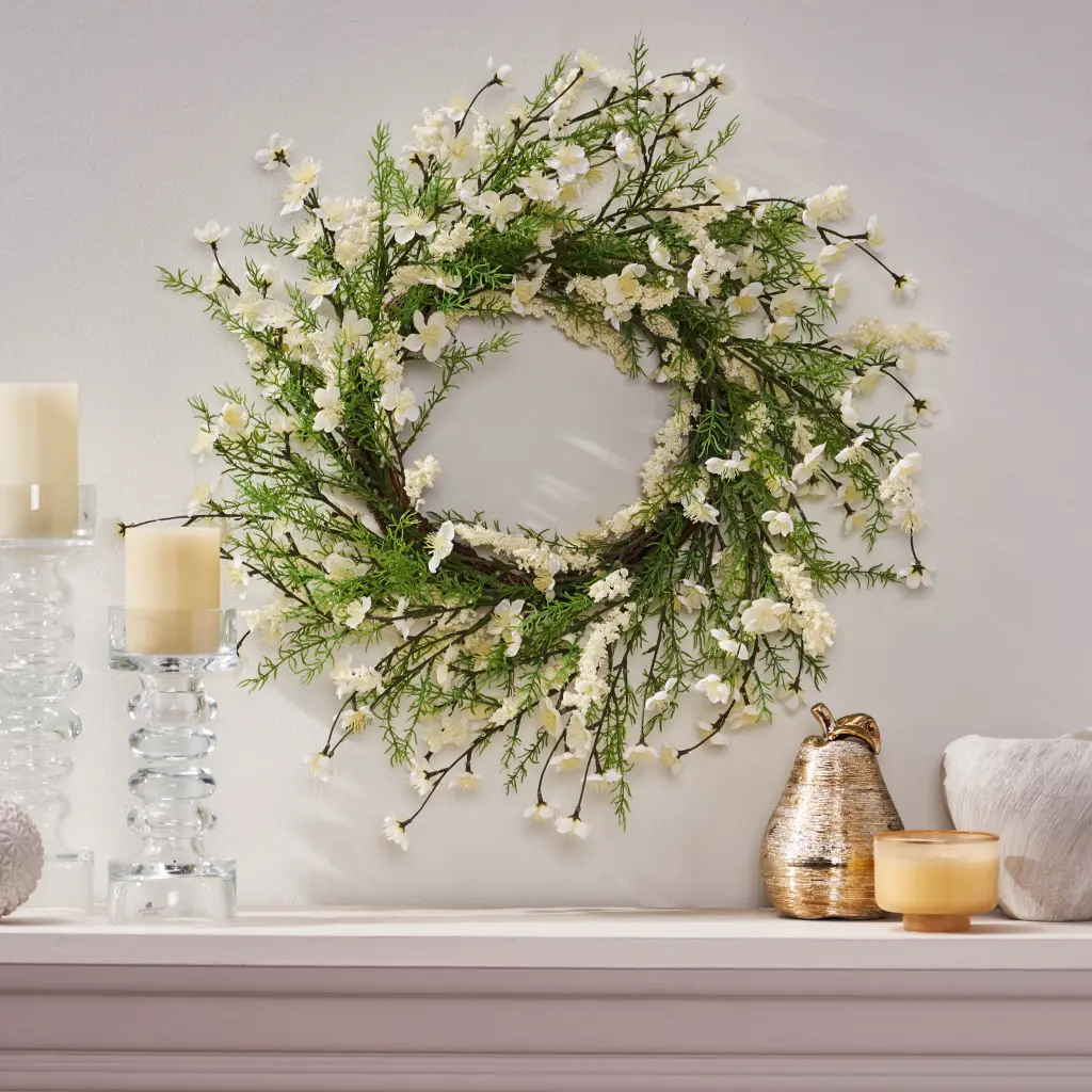 30 Inch Plum Blossom Wreath White and Green Rattan Home Decor nh-bc furniturings
