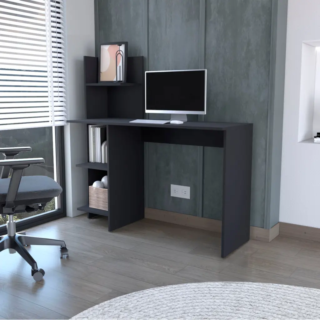 Tecoa Writing Desk Four Shelves Black Particle Board Engineered Wood Study Table fm furniture