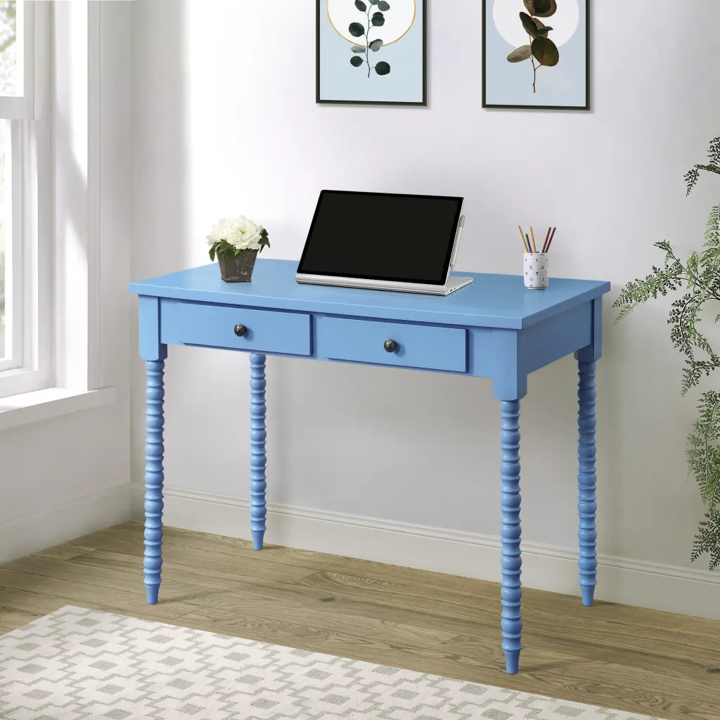 Blue 2 Drawer Writing Desk Traditional Office Desk Rubber Wood Finish furniture max