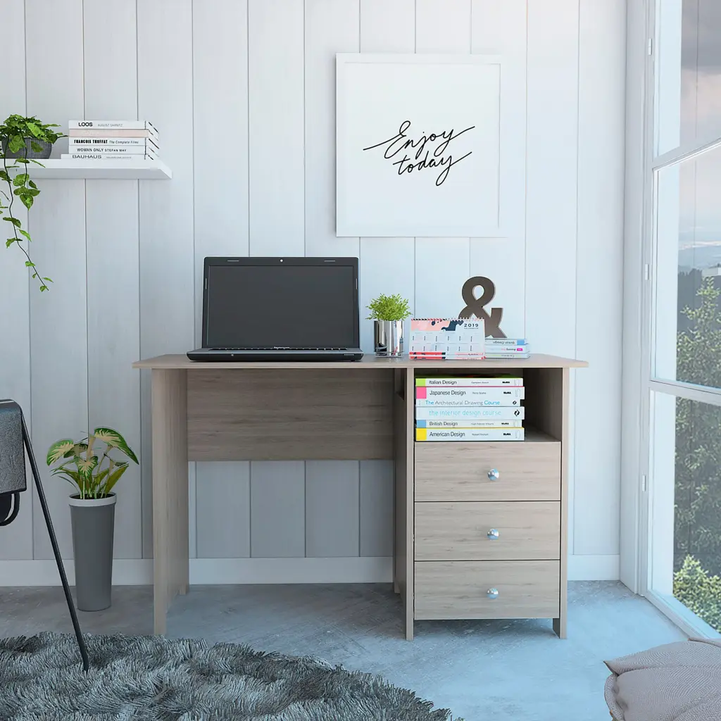 Edgewater 3 Drawer Writing Desk Open Compartment Light Gray Modern Office Furniture furniture max