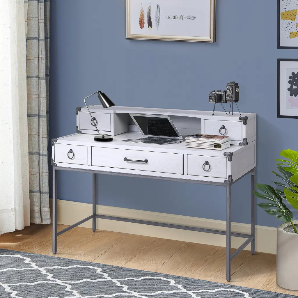 Grey And Gunmetal Writing Desk Industrial Poplar Drawers furniture max