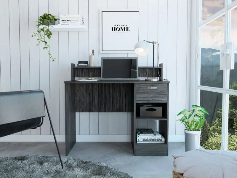 Portland 2 Shelf 1 Drawer Writing Desk Smokey Oak and Smoke Grey Finish furniture max