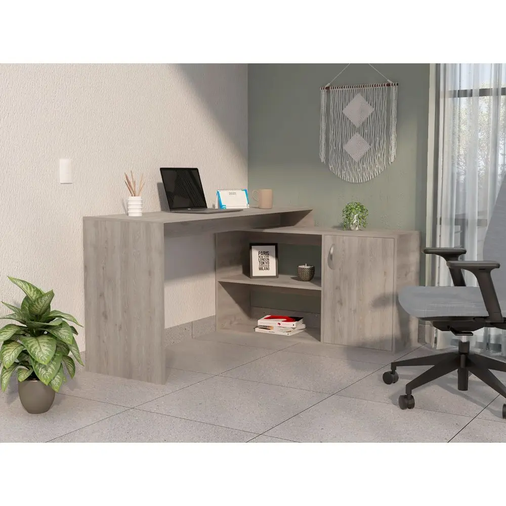 Ridley 2 Shelf L Influenced Writing Desk Light Gray Particle Board furniture max