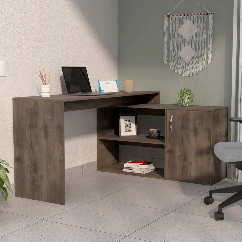Ridley 2 Shelf L Shaped Writing Desk Dark Brown Particle Board furniture max