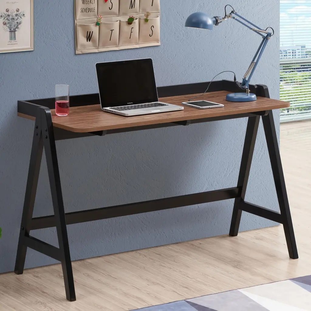 Walnut And Black Writing Desk USB Ports Brown Modern Office Desk furniture max