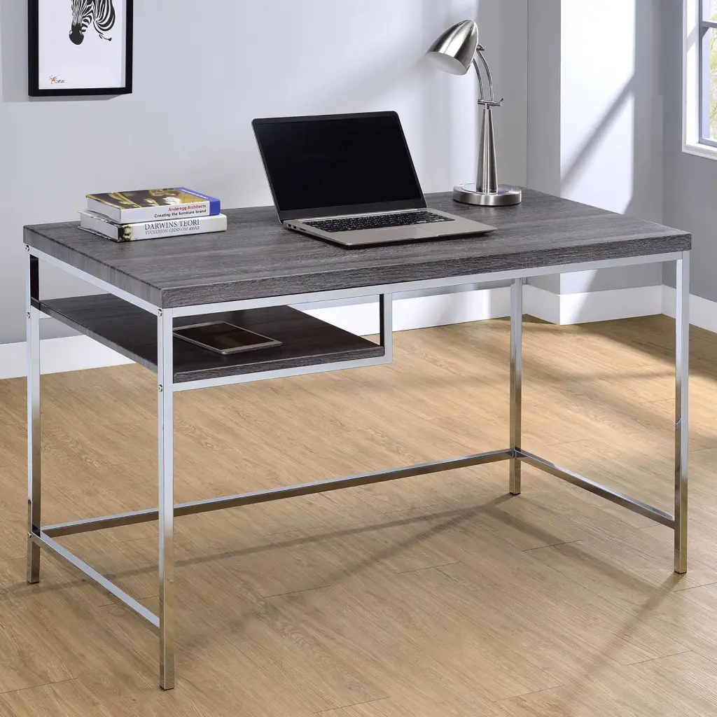 Weathered Grey And Chrome Rectangular Writing Desk Modern Office Desk furniture max