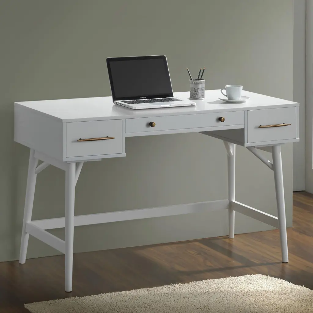 White 3 Drawer Rectangle Mid Century Writing Desk Modern Home Office Desk furniture max