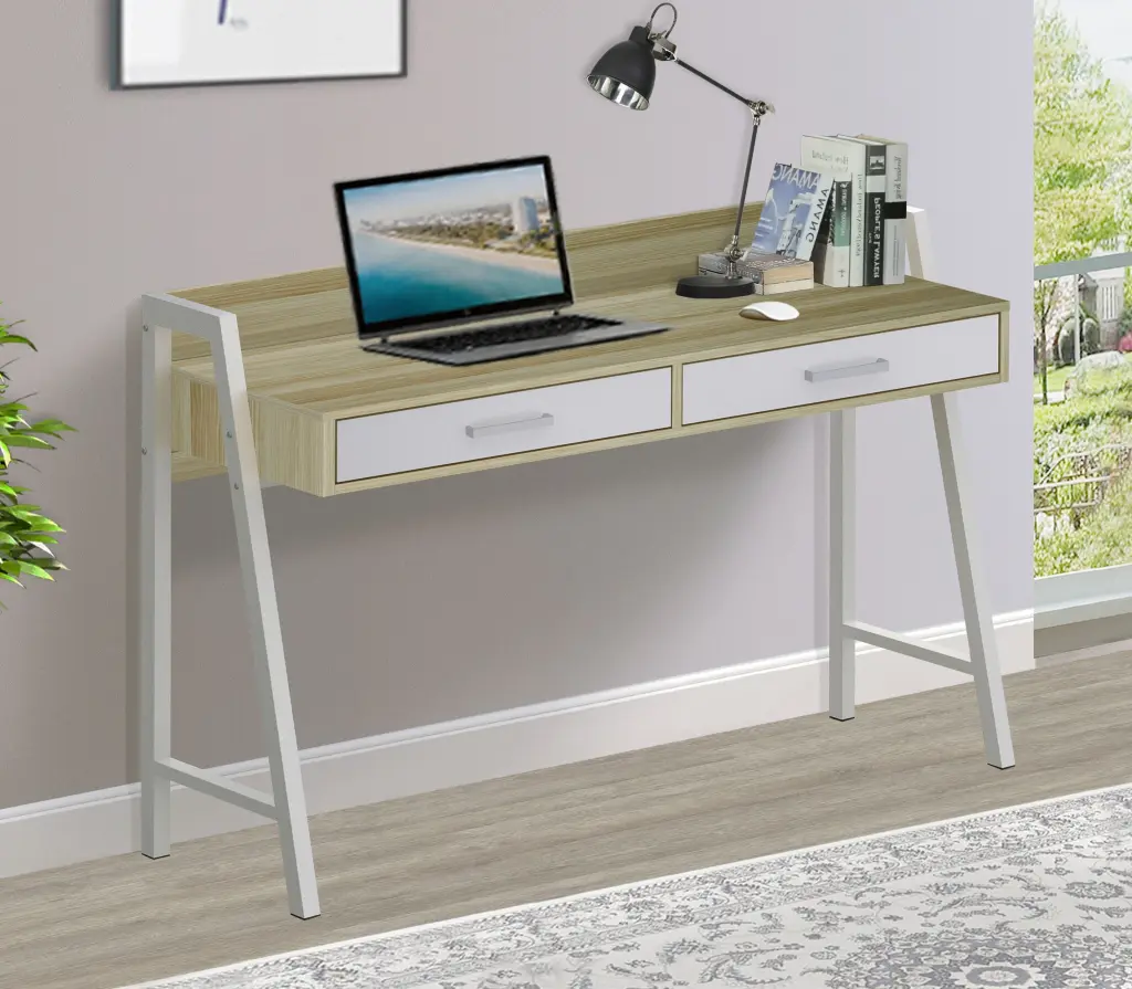47 Inch Writing Desk 2 Drawers Polished Two Tone Nature Inspired Home Office Desk singularity